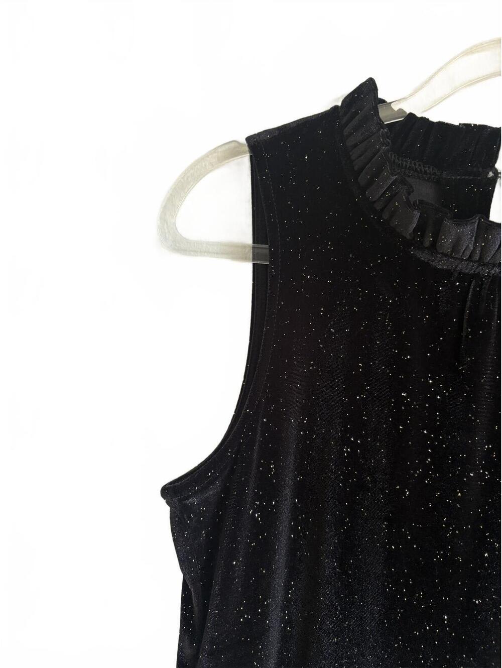 J.Crew | Black Gold Flecks Sleeveless Crushed Velvet Ruffle Neck Midi Dress Sz 8 - Picture 3 of 9